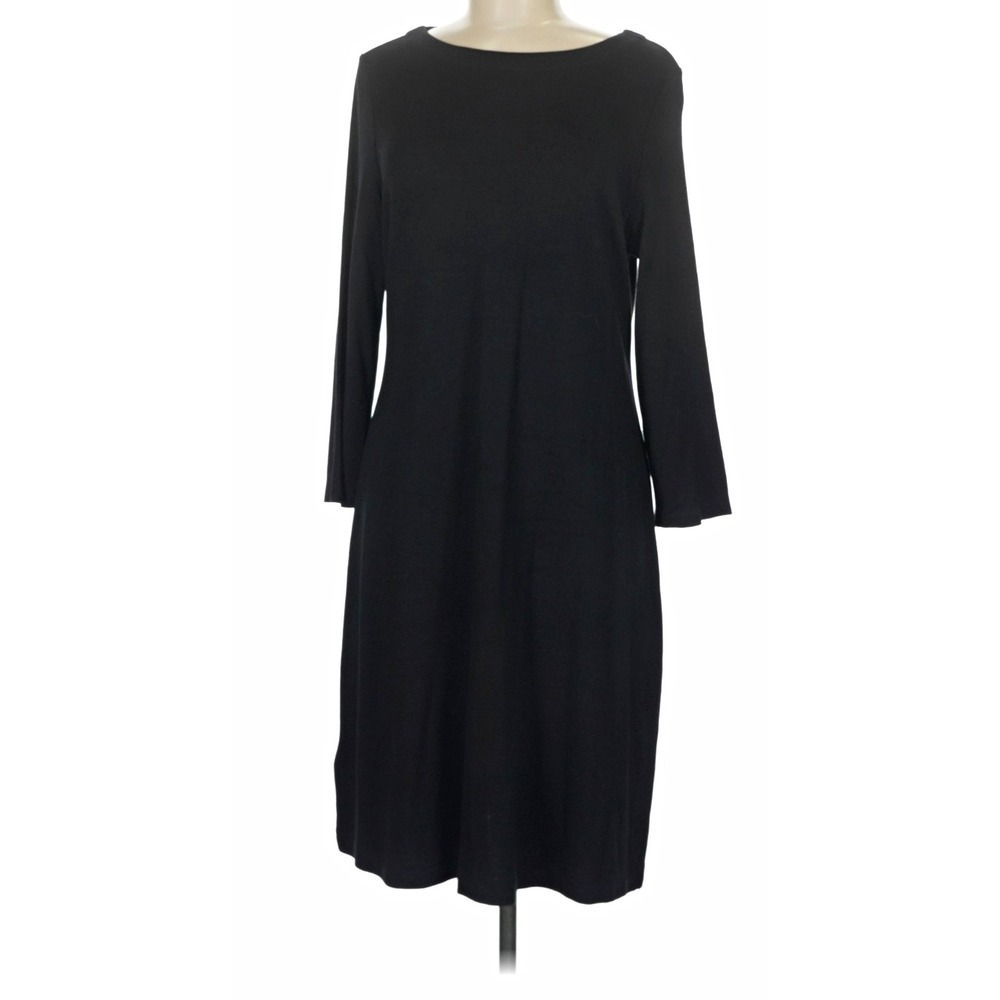 Tommy Bahama Women's Black Solid Shift Dress M Long Sleeve Boat Neck Knee Zip